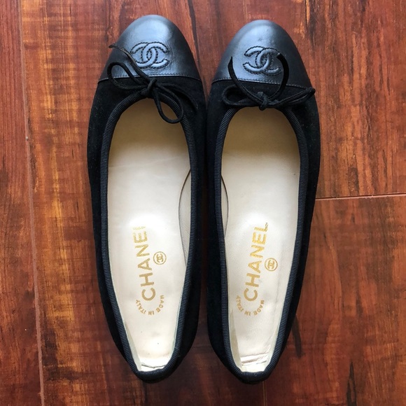 Chanel Shoes Black Suede Ballerina Flat Leather Cap Toe Poshmark